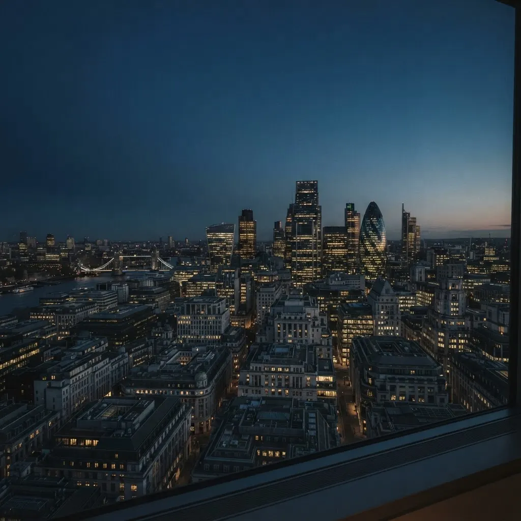 The City of London skyline at dusk, seen from an office window