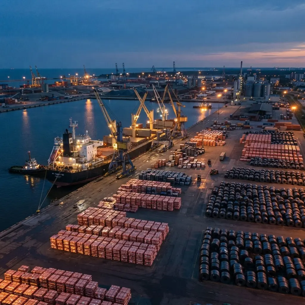 Copper cathodes and steel coils on a port quay beside a bulk carrier at dusk